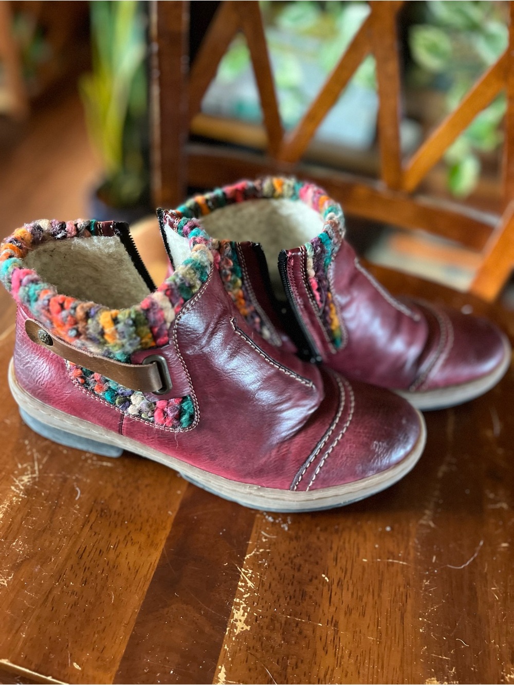 Rieker Burgundy Leather Ankle Booties with Colorful Knit Trim